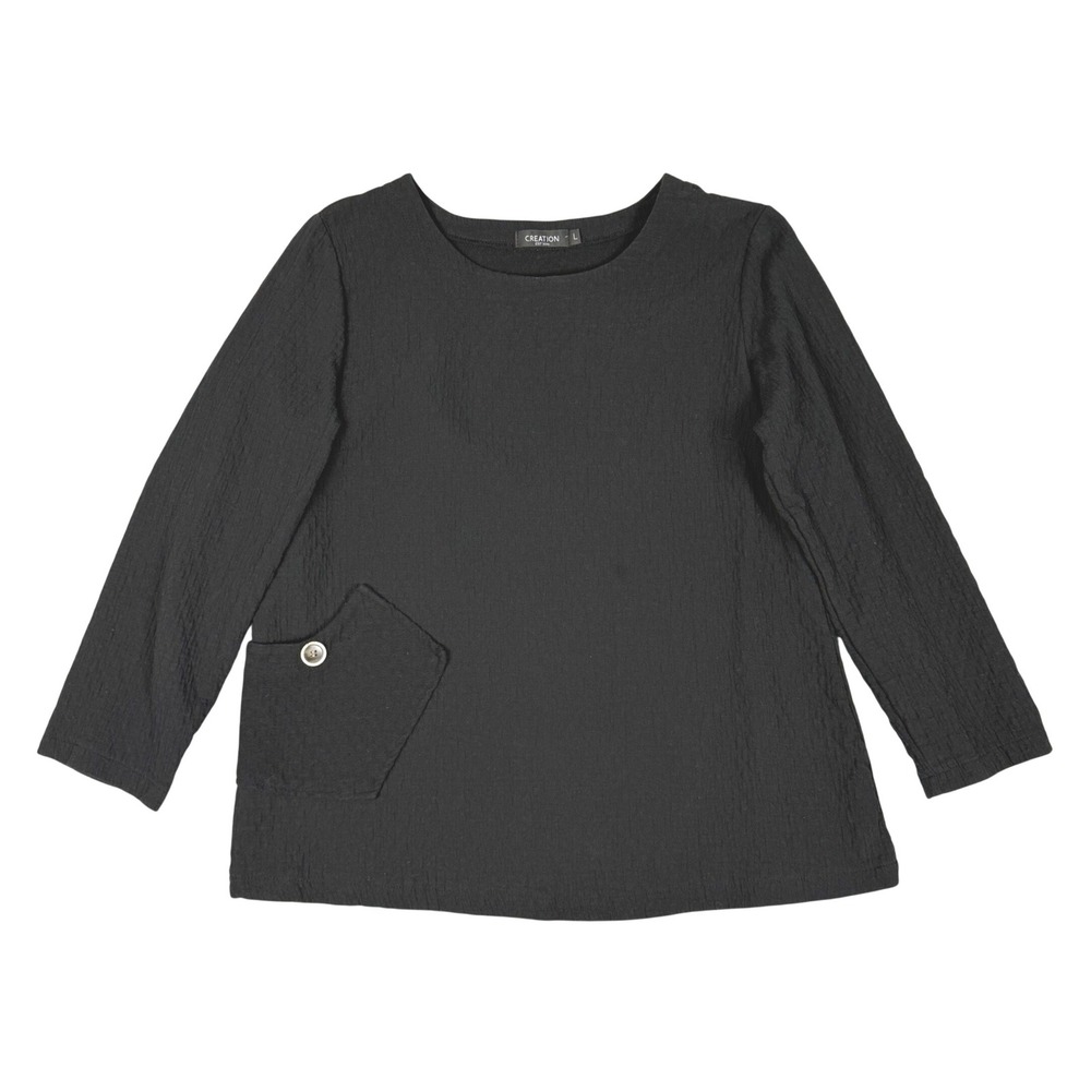 Creation Black Cotton Crinkle Gauze Long Sleeve Pocket Top Size L